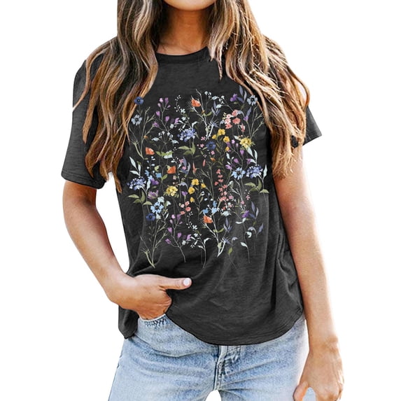 DHFJKG Graphic Tee For Women Short Sleeve T Shirt Floral Printed Round Neck Loose Fit Lightweight Summer Stylish Tops