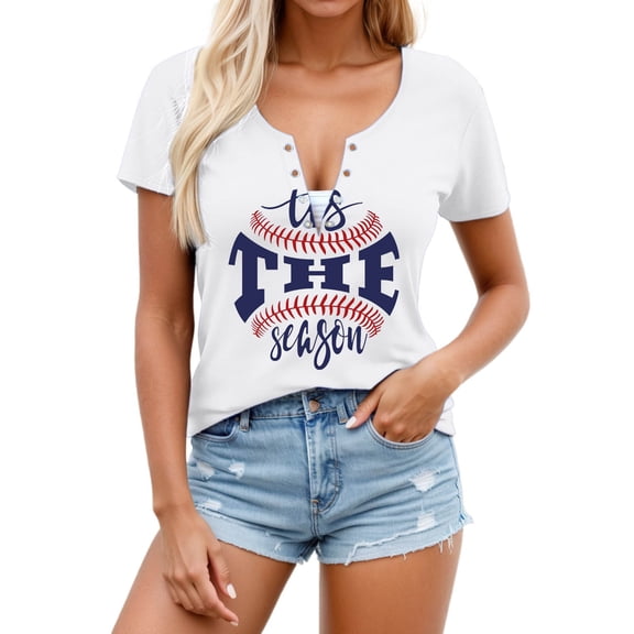 DHFJKG Graphic Tees For Women Baseball Letter Printed V Neck T Shirt Short Sleeve Loose Fit Casual Summer Tshirts Trendy Tops