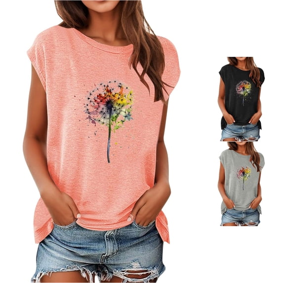DHFJKG Graphic Tees For Women Cap Sleeve Dandelion Flower Printed Summer Casual Loose Fit T Shirts Comfy Tops