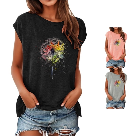 DHFJKG Graphic Tees For Women Cap Sleeve Dandelion Flower Printed Summer Casual Loose Fit T Shirts Comfy Tops
