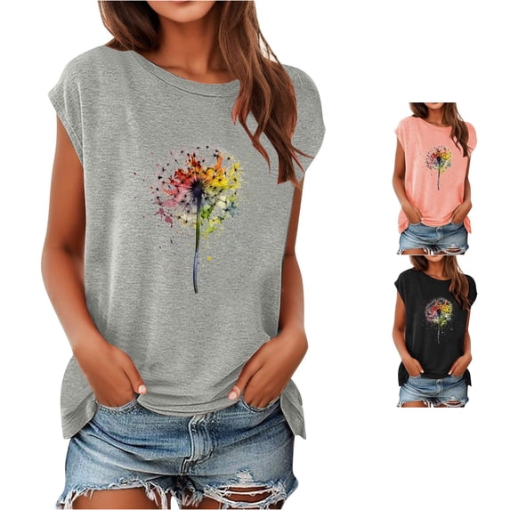 DHFJKG Graphic Tees For Women Cap Sleeve Dandelion Flower Printed Summer Casual Loose Fit T Shirts Stylish Tops