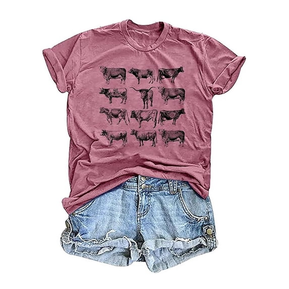DHFJKG Graphic Tees For Women Funny Cow Print Summer Loose Fit Crew Neck Short Sleeve T Shirt Casual Soft Tops