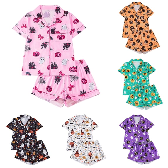 DHFJKG Halloween Pajamas For Women Set Short Sleeve Sleepwear Pumpkin Ghost Button Down 2 Piece Pjs