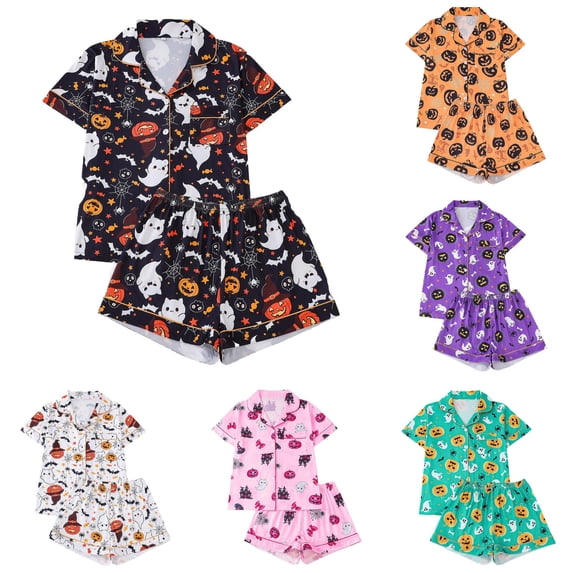 DHFJKG Halloween Pajamas For Women Set Short Sleeve Sleepwear Pumpkin Ghost Button Down 2 Piece Pjs