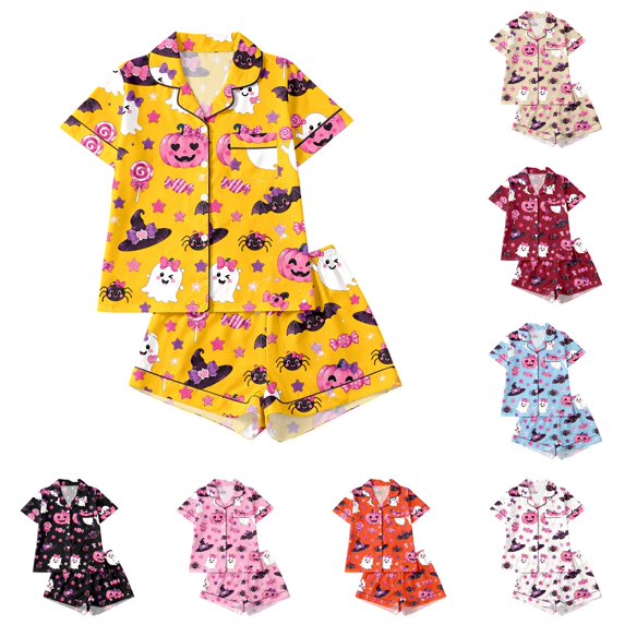 DHFJKG Halloween Pajamas Set For Women 2 Piece Ghost Pumpkin Print Shirts And Shorts Button Down Short Sleeve Sleepwear