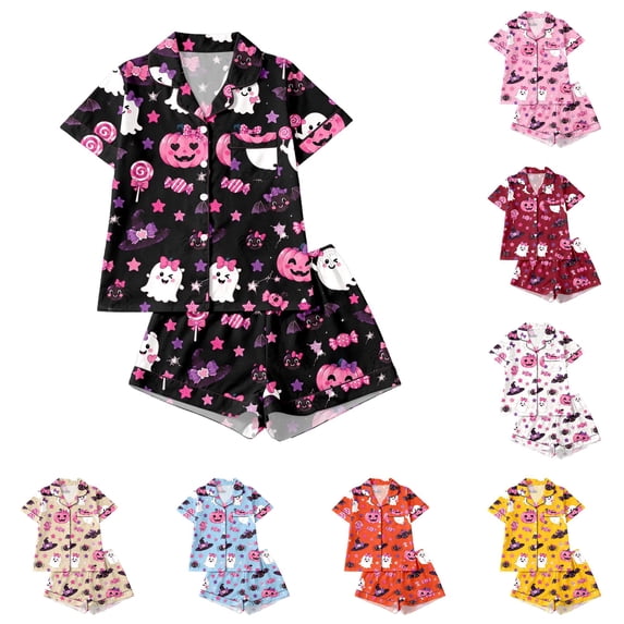 DHFJKG Halloween Pajamas Set For Women 2 Piece Ghost Pumpkin Print Shirts And Shorts Button Down Short Sleeve Sleepwear