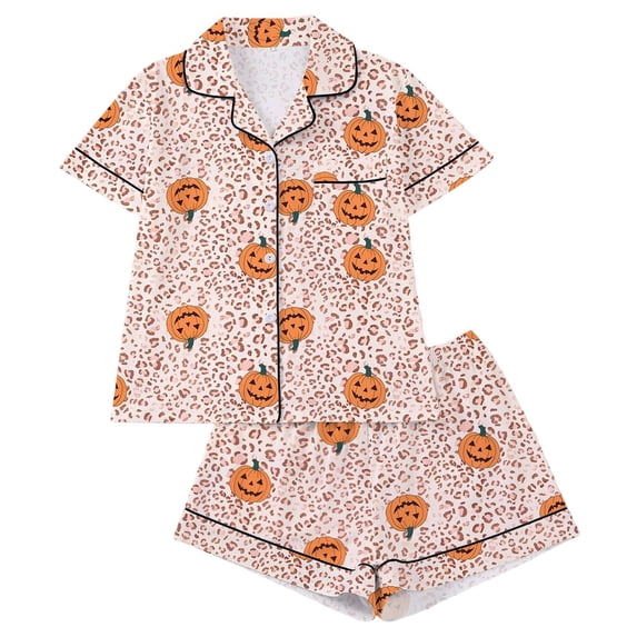 DHFJKG Halloween Pajamas Women Set Pumpkin Ghost Button Down 2 Piece Pjs Short Sleeve Loungewear Set