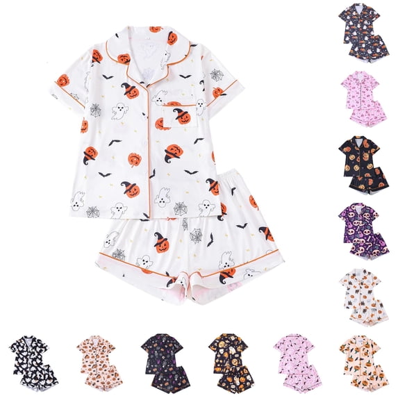 DHFJKG Halloween Pajamas Women Set Pumpkin Ghost Pjs Button Down 2 Piece Sleepwear Sets