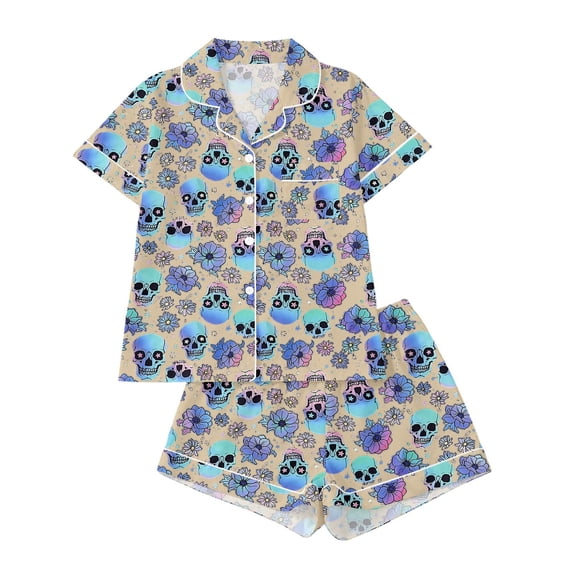 DHFJKG Halloween Pajamas Women Set Skull Print Button Down 2 Piece Pjs Short Sleeve Loungewear Set