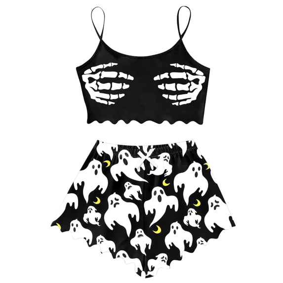 DHFJKG Halloween Pajamas Womens Cami Set Skeleton Print Cropped Tank Top And Shorts 2 Piece Sleeveless Pjs