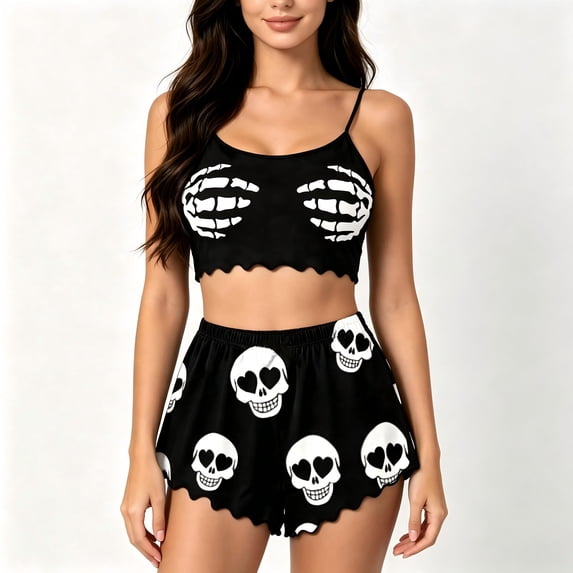 DHFJKG Halloween Pajamas Womens Cami Set Skeleton Print Cropped Tank Top And Shorts 2 Piece Sleeveless Pjs