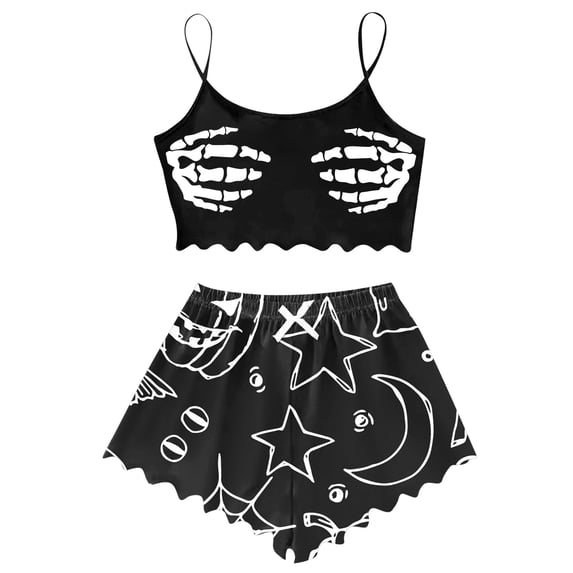 DHFJKG Halloween Pajamas Womens Cami Set Skeleton Print Cropped Tank Top And Shorts 2 Piece Sleeveless Pjs