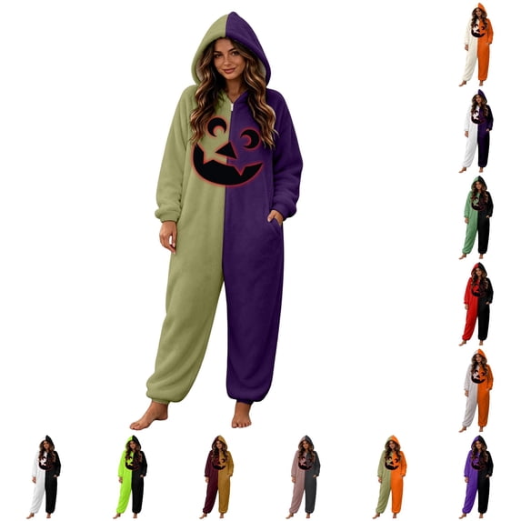 DHFJKG Halloween Pumpkin Onesie Pajamas For Women Fluffy Sleepwear Spooky Season Loungewear