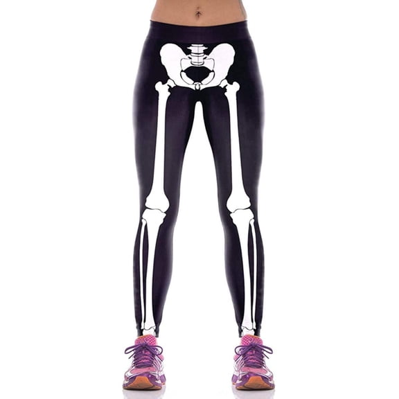 DHFJKG Halloween Skeleton Printed Leggings For Women Mid Rise High Stretch Halloween Tight Pants Trendy Trousers