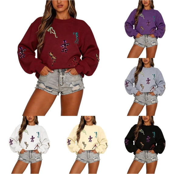 DHFJKG Halloween Sweatshirt Womens Funny Skeleton Sweatshirt Relaxed Fit Spooky Crewneck Pullover Tops