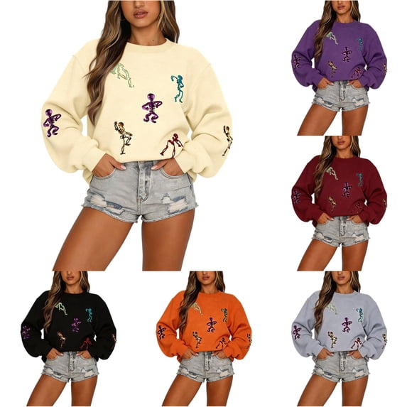 DHFJKG Halloween Sweatshirt Womens Funny Skeleton Sweatshirt Relaxed Fit Spooky Crewneck Pullover Tops