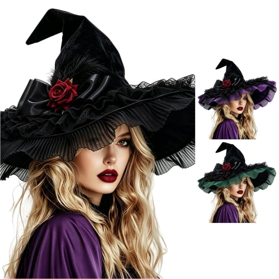 DHFJKG Halloween Witch Hat With Ruffled Lace And Red Rose, Wide Brim Pointed Witch Hats For Women Halloween Party