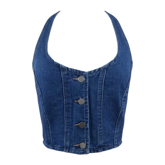 DHFJKG Halter Tank Tops For Women Washed Denim Backless Sleeveless Button Front Slim Fit Sexy Crop Top