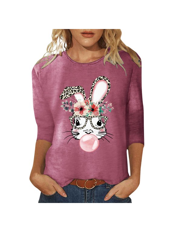Happy Easter T Shirts For Women Bunny Print Graphic Tee 3/4 Sleeve Casual Round Neck Loose Fit Top For Holiday Celebration Soft Tops