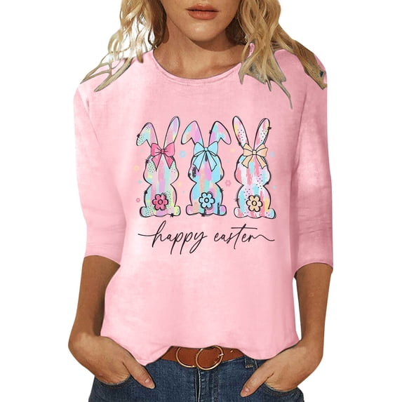 DHFJKG Happy Easter T Shirts For Women Bunny Print Graphic Tee 3/4 Sleeve Casual Round Neck Loose Fit Top For Holiday Celebration Versatile Tops