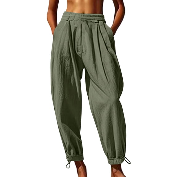 DHFJKG Harem Linen Pants Women Lightweight Loose Fit Elastic Waist Solid Color Ankle-Tied Beach Pants With Pockets Stylish Trousers