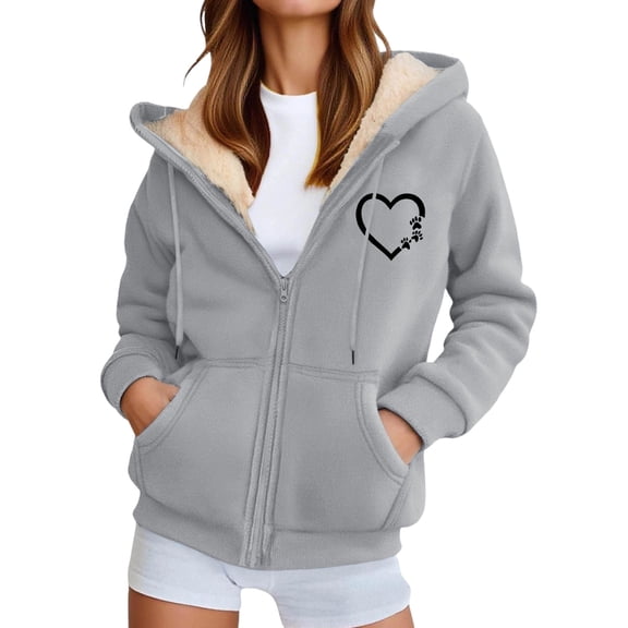 DHFJKG Heavyweight Hooded Jacket For Women Winter Warm Lined Cat Claw Heart Printed Zipper Fuzzy Coat With Pockets And Drawstring Outdoor Cold Weather Pullover Long Sleeve Leisure Coats