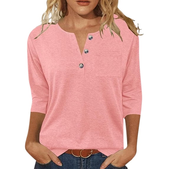 DHFJKG Henley Shirts For Women Solid Color 3/4 Sleeve T Shirt Spring Summer Loose Fit Basic Tee Soft Daily Wear Comfy Tops