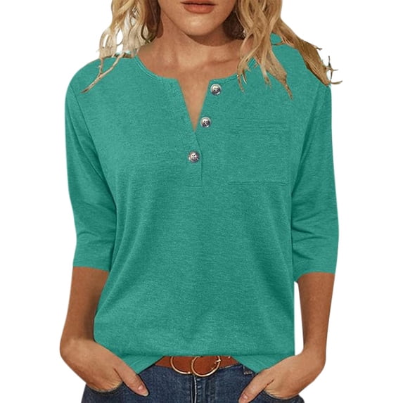 DHFJKG Henley Shirts For Women Solid Color 3/4 Sleeve T Shirt Spring Summer Loose Fit Basic Tee Soft Daily Wear Versatile Tops