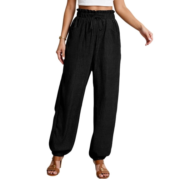 DHFJKG High Waist Linen Sweatpants Women Elastic Waistband Ankle-Tied Pants Comfortable Drawstring Joggers Soft Trousers