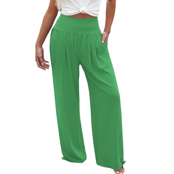 DHFJKG High Waist Pants For Women Wide Leg Smocked Waist Summer Breathable Linen Solid Color Pants With Pockets Beach Vacation Clothes Comfortable Trousers