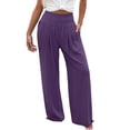 thumbnail image 1 of DHFJKG High Waist Pants For Women Wide Leg Smocked Waist Summer Breathable Linen Solid Color Pants With Pockets Beach Vacation Clothes Leisure Trousers, 1 of 5