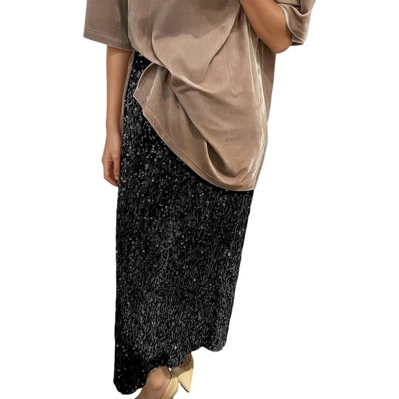 DHFJKG High Waist Sequin Skirt For Women Elastic Waist Back Slit Stretch Straight Leg Long Skirts Versatile Skirt