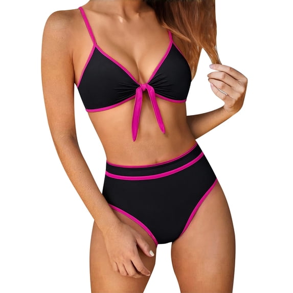 DHFJKG High Waist Swimsuits Women 2 Piece Bikini Set Twist Front Triangle Top Briefs Bottoms Color Block Summer Swimwear Stylish Beachwear
