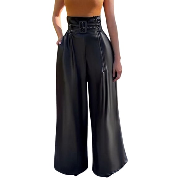 DHFJKG High Waist Wide Leg Pants For Women Fashion Trousers Metallic Glossy Night Out Comfortable Belted Stylish Trousers