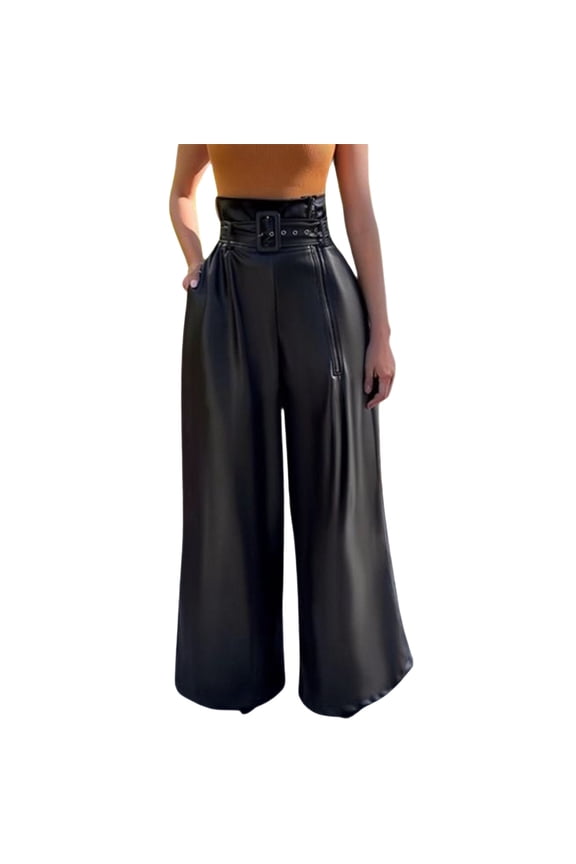 High Waist Wide Leg Pants For Women Fashion Trousers Metallic Glossy Night Out Comfortable Belted Stylish Trousers