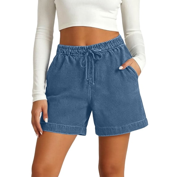 DHFJKG High Waisted Jean Shorts For Women Elastic Drawstring Loose Fit With Pockets Comfortable Solid Color Summer Denim Shorts Trendy Bottoms
