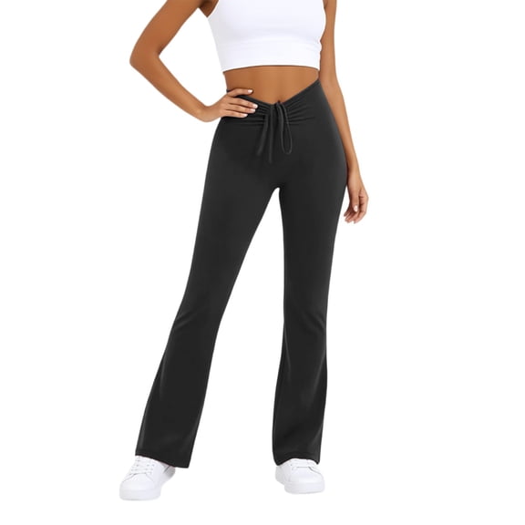 DHFJKG High Waisted Yoga Pants Women Flared Workout Leggings Casual Drawstring Tummy Control Soft Stretchy Stylish Trousers