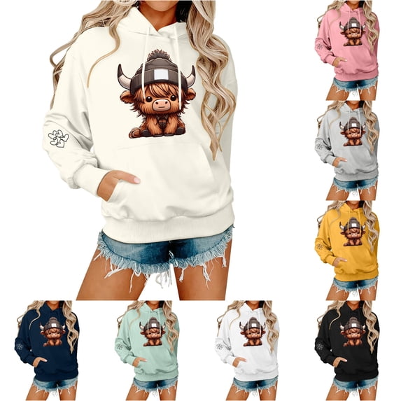 DHFJKG Hoodie Women Cow Print Cute Hooded Sweatshirt Fall Long Sleeve Drawstring Pullover Tops With Pocket