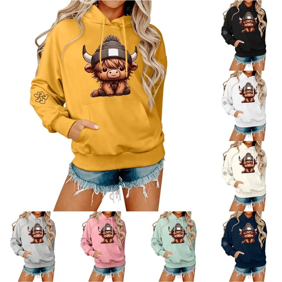 DHFJKG Hoodie Women Cow Print Cute Hooded Sweatshirt Fall Long Sleeve Drawstring Pullover Tops With Pocket