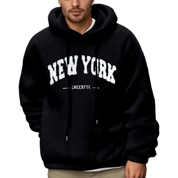 DHFJKG Hoodies For Men Fluffy Pullover Letter Printed Long Sleeve Loose Fit Hooded Drawstring Sweatshirts Cozy Outerwear