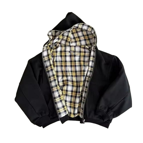 DHFJKG Hoodies For Men Reversible Wear Jacket With Pockets Solid Color Patchwork Plaid Hooded Zipper Coat Streetwear Cozy Outerwear