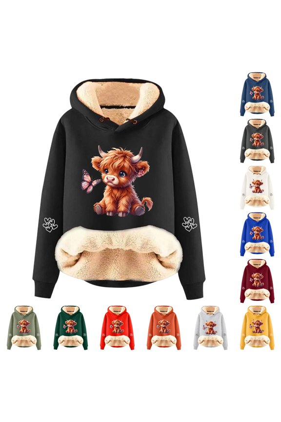 Hoodies For Women Cute Cow Print Fuzzy Lining Thermal Long Sleeve Sweatshirt Fall Winter Drawstring Pullover Tops