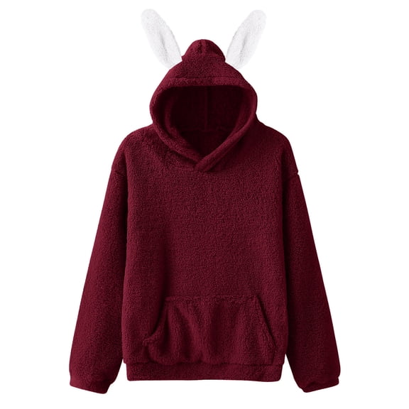DHFJKG Hoodies For Women Cute Rabbit Ears Hooded Long Sleeve Pludh Solid Color Sweatshirt Pullover With Pocket Stylish Tops