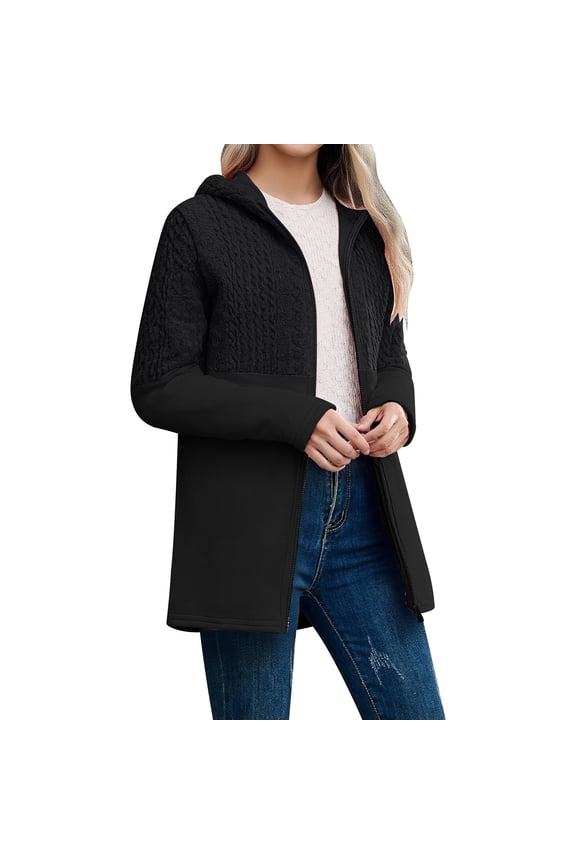 Hoodies For Women Jackets Jacquard Patchwork Slim Fit Long Sleeve Solid Color Hooded Coat Winter Insulated Comfort Outerwear
