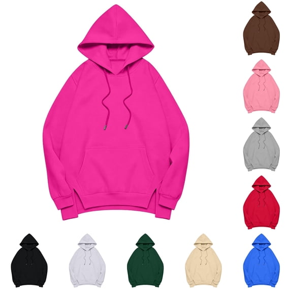 DHFJKG Hoodies For Women Side Slit Long Sleeve Sweatshirt Fall Drawstring Solid Color Pullover Tops With Pocket