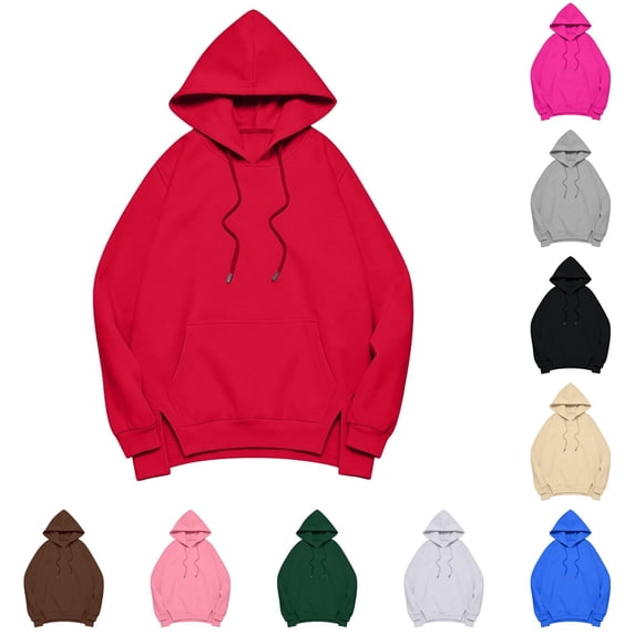 DHFJKG Hoodies For Women Side Slit Long Sleeve Sweatshirt Fall Drawstring Solid Color Pullover Tops With Pocket