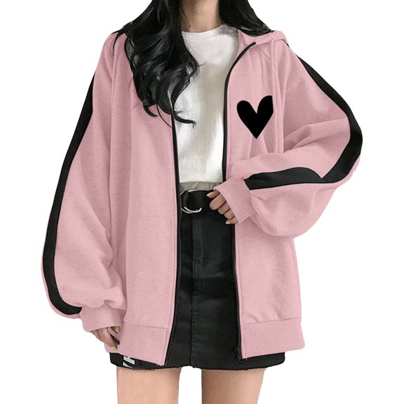 DHFJKG Hoodies For Women Sweatshirt Jacket Heart Print Loose Fit Zipper Coat Streetwear Cozy Outerwear