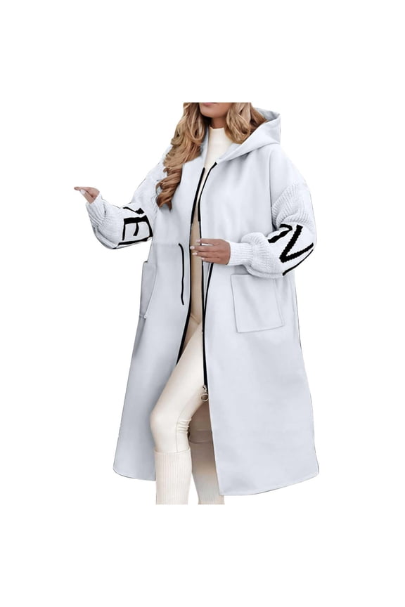 Hoodies Jacket For Women Letter Knitted Patchwork Long Sleeve Casual Drawstring Waist Outerwear With Pockets Mid-Calf Comfort Jackets