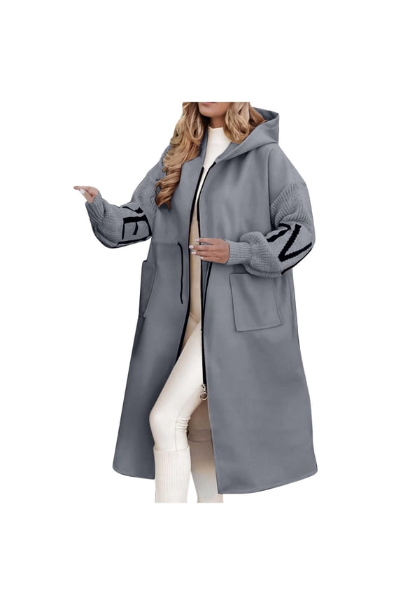 Hoodies Jacket For Women Letter Knitted Patchwork Long Sleeve Casual Drawstring Waist Outerwear With Pockets Mid-Calf Trendy Jackets