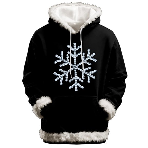 DHFJKG Hoodies Unisex Fuzzy Trim Snowflake Printed Long Sleeve Loose Fit Hooded Drawstring Pullover For Women Men Fluffly Shaggy Winter Warm Xmas Festive Comfort Tops